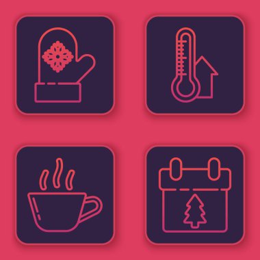 Çizgi çizgisi Noel eldiveni, kahve fincanı, meteoroloji termometresi ölçüm ve takvim. Mavi kare düğme. Vektör