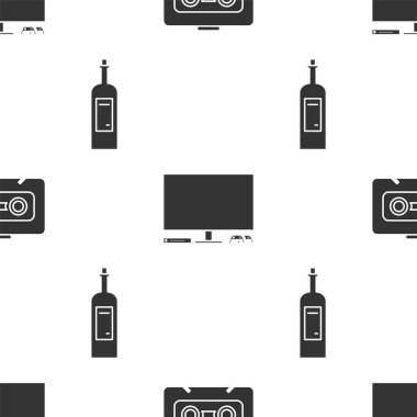 Retro ses kaseti, video oyun konsolu ve şarap şişesini kusursuz bir şablona ayarlayın. Vektör