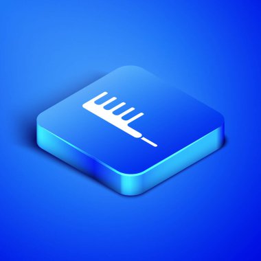 Mavi arkaplanda Isometric Hairbrush simgesi izole edildi. Taraklı saç işareti. Berber sembolü. Mavi kare düğme. Vektör İllüstrasyonu