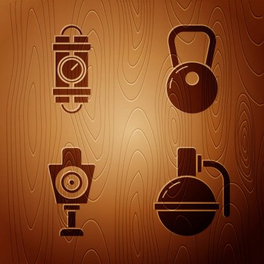 El bombasını, dinamit bomba çubuğunu ve zamanlayıcı saatini, ateş etmek için insan hedef sporunu ve tahta arka planda Kettlebell 'i ayarla. Vektör
