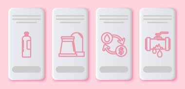 Endüstriyel gaz tankı, petrol ve gaz endüstriyel fabrika binası, petrol borsası, su transferi, dönüşüm ve su sızdıran kırık metal boru hattı. Beyaz dikdörtgen düğme. Vektör