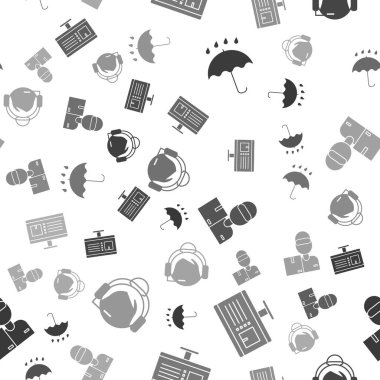 Şemsiyeyi ve yağmur damlalarını ayarlayın, uygulama dağıtım takibi yapan bilgisayar monitörü, karton kutuları olan teslimatçı ve kusursuz şablonu olan destek operatörü. Vektör