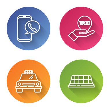 Taksi hattını, telefon servisini, harita işaretçisini, taksi, taksi ve taksi arabasını ayarlayın. Renkli daire düğmesi. Vektör