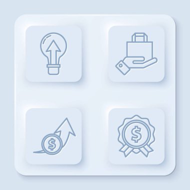 Ampul, el ve kağıt alışveriş torbası, maddi büyüme ve madeni para ve dolarla fiyat etiketini ayarla. Beyaz kare düğme. Vektör