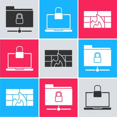 Ftp dizinini ayarla ve kilitle, dizüstü bilgisayar ve kilit ve güvenlik duvarı simgesi. Vektör