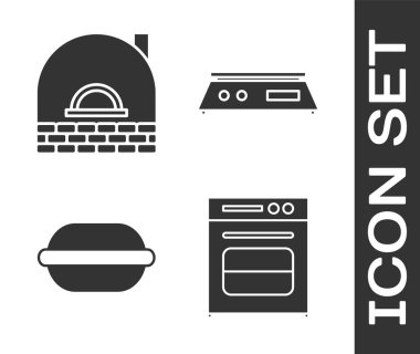Fırın, tuğla soba, makarna ve elektronik ölçekli ikon. Vektör