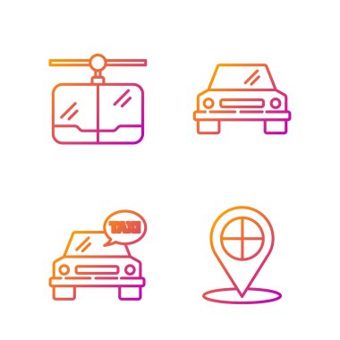 Harita işaretleyicisini taksiyle, taksi arabasıyla, kablo arabasıyla ve arabasıyla ayarla. Renk simgeleri. Vektör