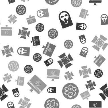 Komik ve korkunç hayalet maskesi, film makarası, spot ışığı ve çevrimiçi kusursuz desen üzerine video oynat. Vektör