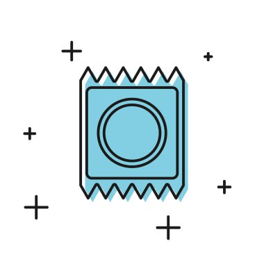 Beyaz arka planda siyah prezervatif ikonu izole edildi. Güvenli aşk sembolü. Erkekler için doğum kontrol yöntemi. Vektör İllüstrasyonu