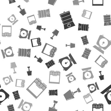 Çift ısıtıcıyı, masa lambasını, pulu ve fırını dikişsiz desene ayarlayın. Vektör