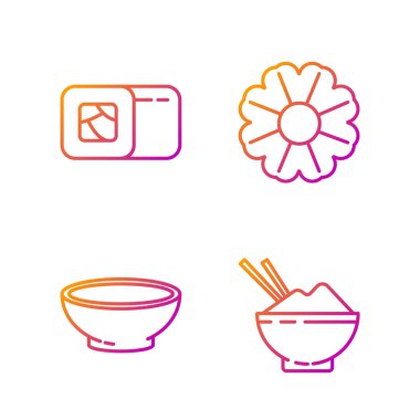 Pirinci yemek çubuğuyla bir kase sıcak çorba, suşi ve çiçekle bir kaseye koy. Renk simgeleri. Vektör