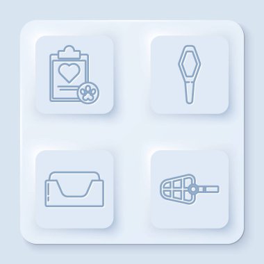 Tıbbi kayıt evcil hayvanı, evcil hayvan şişesi, evcil hayvan yatağı ve köpek ağızlığı olan bir pano ayarla. Beyaz kare düğme. Vektör