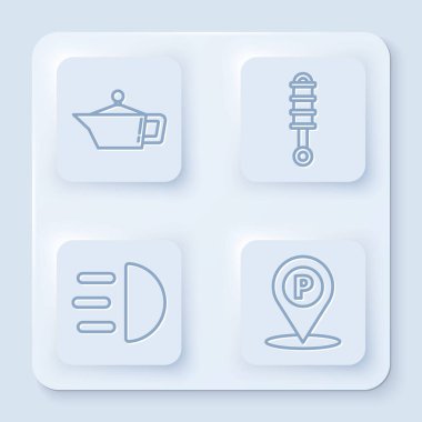 Motor yağı, şok emici, yüksek ışın ve park yeri için kablo ayarlayın. Beyaz kare düğme. Vektör