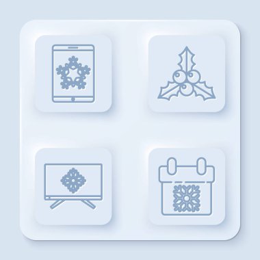 Akıllı telefon ve kar tanesi, viburnum ya da guelder gülü, televizyonda ve takvimde mutlu noeller. Beyaz kare düğme. Vektör