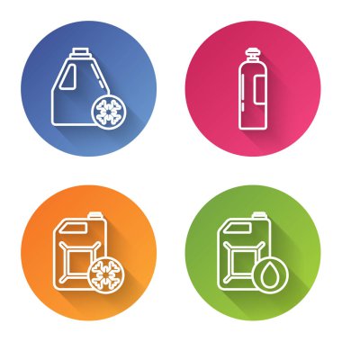 Antifriz tüpü, endüstriyel gaz tüpü, antifriz kutusu ve motor yağı için teneke kutu ayarlayın. Renkli daire düğmesi. Vektör