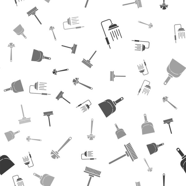 Set Shower head with water drops flowing, Mop, Dustpan and Toilet brush on seamless pattern. Вектор
