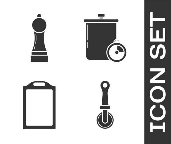 设置比萨刀 切菜板 烹调壶和厨房计时器图标 — 图库矢量图片
