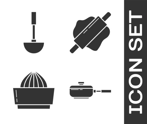 设置煎锅 厨房勺 柑橘类果汁和滚针图标 — 图库矢量图片
