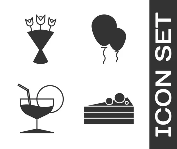 Set Kuchen Blumenstrauß Martini Glas Und Luftballons Mit Schleifensymbol Vektor — Stockvektor