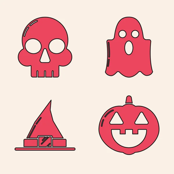 Set Pumpkin Skull Ghost Witch Hat Icon Vector — Stock Vector