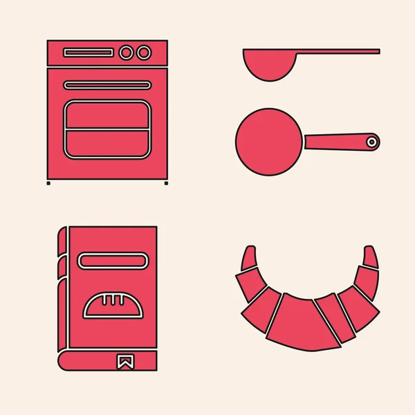 Set Croissant Oven Maatlepel Kookboek Icoon Vector — Stockvector