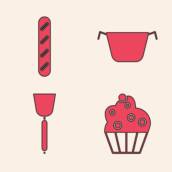 Set Magdalenas Pan Baguette Francés Olla Cocina Espátula Icono Vector — Archivo Imágenes Vectoriales