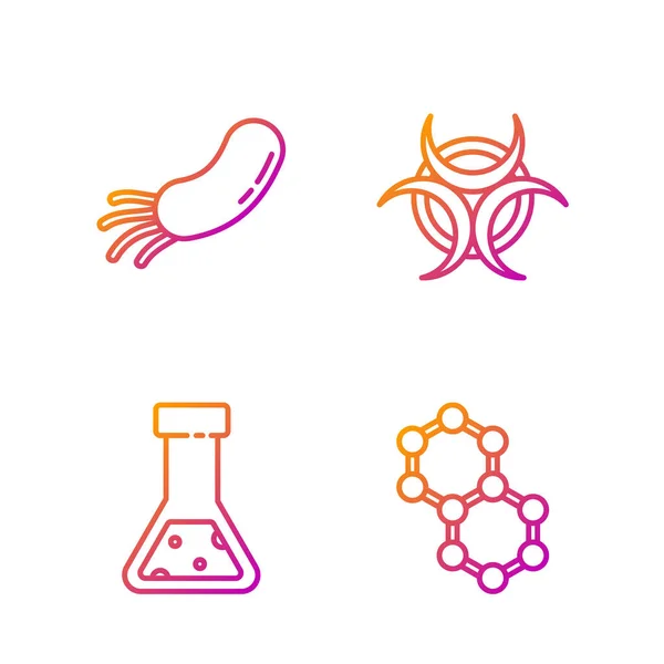 ライン分子 試験管およびフラスコ化学 細菌およびバイオハザードシンボルを設定します グラデーションのアイコン ベクトル — ストックベクタ