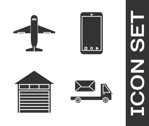 Stel Postvrachtwagen Vliegtuig Gesloten Magazijn Mobiele Telefoon Met App Delivery — Stockvector