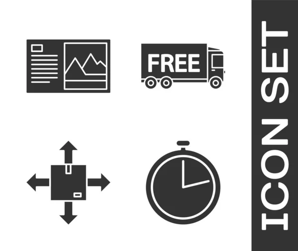 Zestaw Stopwatch Kartka Pocztowa Pudełko Kartonowe Symbolem Ruchu Ikoną Bezpłatnej — Wektor stockowy