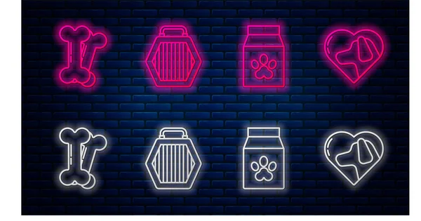 Hayvan taşıma çantası, evcil hayvan için yiyecek çantası, köpekli köpek kemiği ve kalp. Tuğla duvarda parlayan neon simgesi. Vektör
