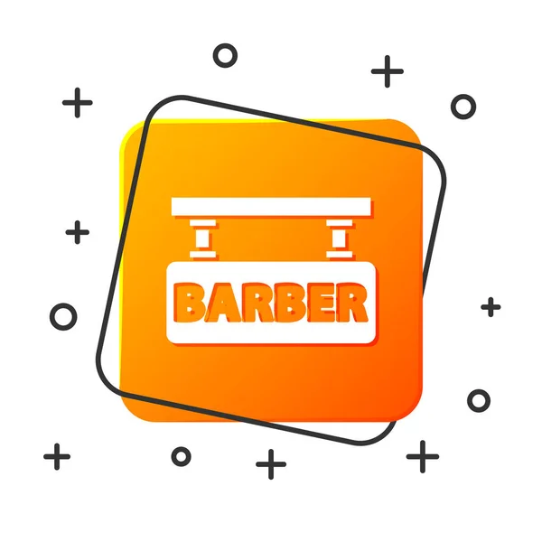 白色理发店图标隔离在白色背景上 理发师标志或招牌 橙色方形按钮 矢量插图 — 图库矢量图片