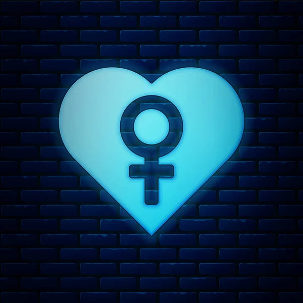 Glowing Neon Heart Female Gender Symbol Icon Isolated Brick Wall — Stock Vector