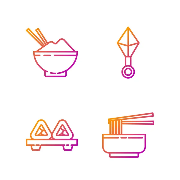 アジアの麺を器と箸で 寿司をまな板で ご飯を箸で 忍者手裏剣で盛り付けます グラデーションのアイコン ベクトル — ストックベクタ
