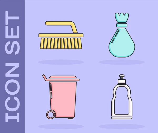 Set Plastikflaschen Für Flüssiges Spülmittel Pinsel Zum Reinigen Mülleimer Und — Stockvektor