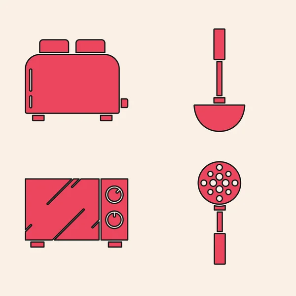 Set Spatula Toaster Toasts Kitchen Ladle Micmicrowave Oven Icon Вектор — стоковый вектор