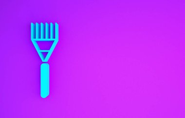 Mavi Bahçe tırmık simgesi mor arkaplanda izole edilmiş. Bahçecilik, tarım, çiftçilik aleti. Toprak işçisi. Temizlik ekipmanları. Minimalizm kavramı. 3d illüstrasyon 3d canlandırma