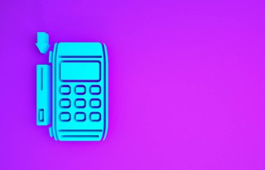 Mor arka planda izole edilmiş, eklenmiş kredi kartı simgesi olan Blue Pos terminali. Ödeme terminali işlemi. Kartla öde. Minimalizm kavramı. 3d illüstrasyon 3d canlandırma