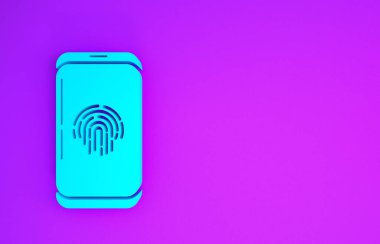 Mor arkaplanda izole edilmiş parmak izi tarayıcı simgesine sahip Mavi Akıllı Telefon. Güvenlik kavramı, cep telefonundan kişisel erişim. Minimalizm kavramı. 3d illüstrasyon 3d canlandırma