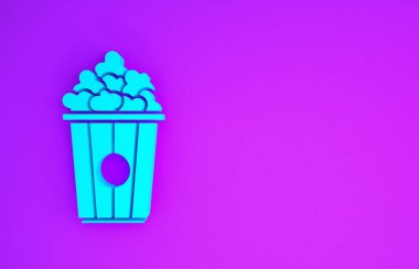 Mor arka planda izole edilmiş karton kutu simgesinde mavi patlamış mısır. Patlamış mısır kutusu. Minimalizm kavramı. 3d illüstrasyon 3B canlandırma