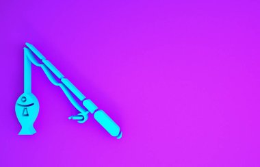 Mor arka planda mavi balıkçı oltası ve balık ikonu var. Balıkçılık ekipmanları ve balık çiftliği konuları. Minimalizm kavramı. 3d illüstrasyon 3d canlandırma