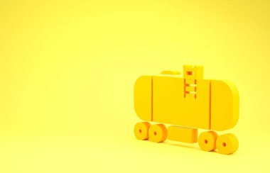 Sarı petrol sarnıç ikonu sarı arkaplanda izole edildi. Tren vagonundaki petrol tankı. Demiryolu nakliyesi. Petrol endüstrisi. Minimalizm kavramı. 3d illüstrasyon 3d canlandırma