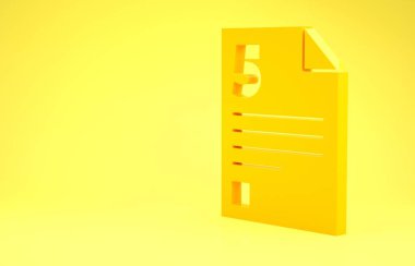 Sarı Test veya sınav kağıdı simgesi sarı arkaplanda izole edildi. Sınav kağıdı, sınav ya da araştırma konsepti. Minimalizm kavramı. 3d illüstrasyon 3d canlandırma