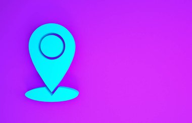Mavi Harita iğne simgesi mor arkaplanda izole edildi. Navigasyon, işaret, konum, harita, GPS, yön, yer, pusula, temas, arama konsepti. Minimalizm kavramı. 3d illüstrasyon 3d canlandırma
