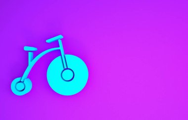 Mavi Vintage bisiklet, büyük bir tekerlek ve mor arka planda izole edilmiş küçük bir ikon. Bisikletle toplu taşıma levhası. Minimalizm kavramı. 3d illüstrasyon 3B canlandırma