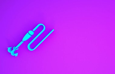 Mor arka planda izole edilmiş, kancalı ve yüzen ikonlu mavi balık oltası. Balık oltası. Minimalizm kavramı. 3d illüstrasyon 3d canlandırma