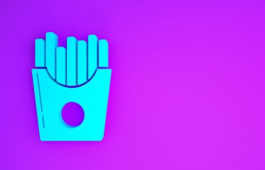 Mor arka planda izole edilmiş karton paket ikonunda patates kızartması. Fast food menüsü. Minimalizm kavramı. 3d illüstrasyon 3B canlandırma