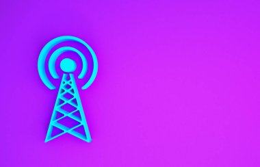 Mavi Radar simgesi mor arkaplanda izole edildi. Askeri arama sistemi. Minimalizm kavramı. 3d illüstrasyon 3d canlandırma