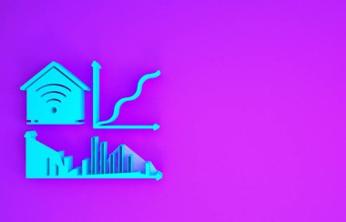 Mor arka planda kablosuz ağ ikonu olan Blue Smart evi. Uzaktan kumanda. Minimalizm kavramı. 3d illüstrasyon 3d canlandırma