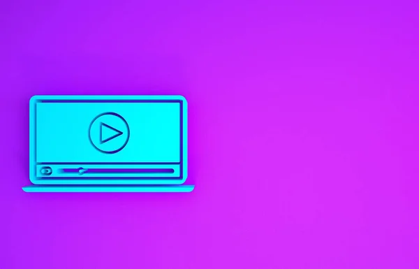 Blu Online Giocare Video Icona Isolata Sfondo Viola Laptop Pellicola — Foto Stock