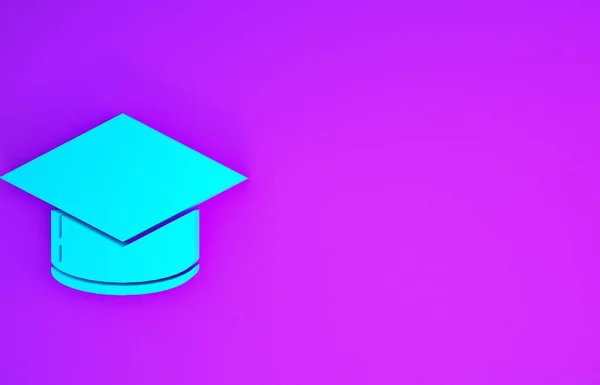 蓝色毕业帽图标孤立在紫色背景 有花生酱图标的毕业帽 最低纲领的概念 3D说明3D — 图库照片